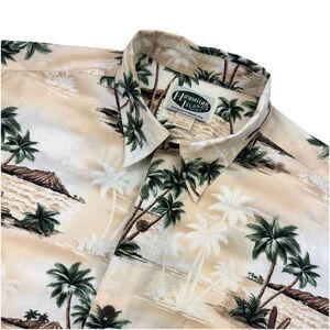 Hawaiian Isands Shirt Mens Large 100% Cotton Tan Palm Trees Islands